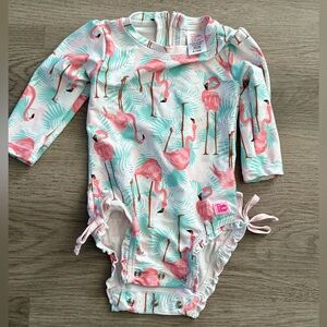 Ruffle Butts Flamingo Print Baby Bodysuit Rashguard Swimsuit 6-12 Months